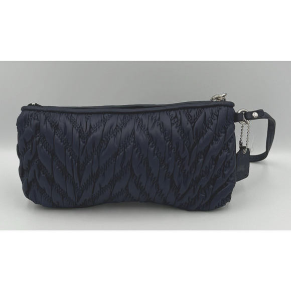 Coach Quilted Nylon Wristlet Clutch Navy Blue Silver Logo Zip Wallet Bag - Picture 3 of 10